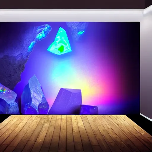 Image similar to a gemstone mineral in a dark studio room with Opal gemstone, professional digital matte painting.