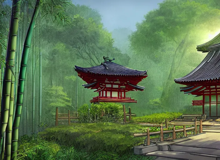 Prompt: deep in a japanese bamboo forest, ancient temple in distance with garden, sunny, cartoony, sketched, mid day, realistic lighting, by ghibli studio, arcane, wild rift, trending on artstation, 4 k, hd