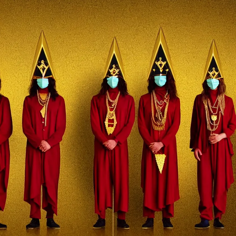 Prompt: members of esoteric cult standing next to inverted pyramids, ektachrome hyper realistic and detailed, wear heavy red ornemental costumes and elongate gold masks and jewels