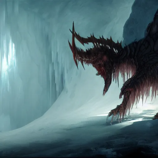 Prompt: demon with wings extended in the ice cave. greg rutkowski. boris vallejo. color grading lut 3 8 4 0 x 2 1 6 0