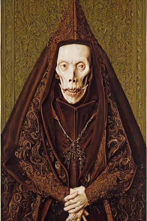 Prompt: portrait of ainz ooal gown, oil painting by jan van eyck, northern renaissance art, oil on canvas, wet - on - wet technique, realistic, expressive emotions, intricate textures, illusionistic detail