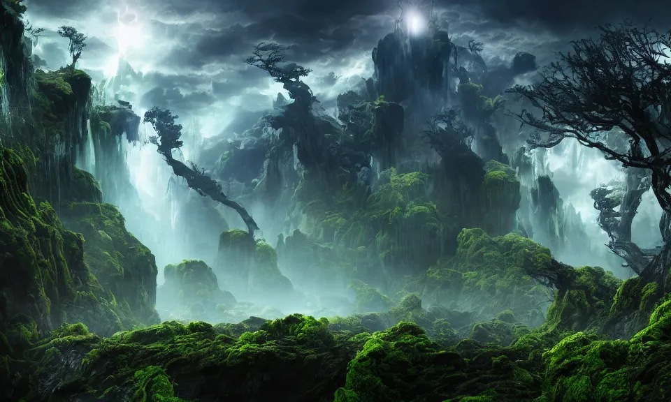 Image similar to an alien landscape view, alien waterfall, alien trees, alien greenery, alien mountains, epic lighting, epic composition, 4 k, detailed, realistic