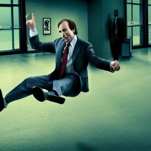 Image similar to saul goodman doing a kickflip across the judge's desk, movie film still, hq, hdr