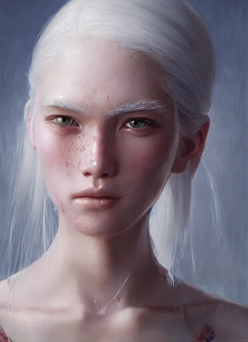 Prompt: girl with shoulder length white hair, rice farmer, beautiful highly detailed face, light freckles, pink pupils, beautiful painting by artgerm and greg rutkowski and raymond swanland