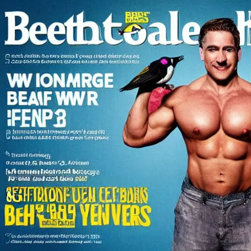 Prompt: birds with beefy arms, national geographic men's health magazine photo