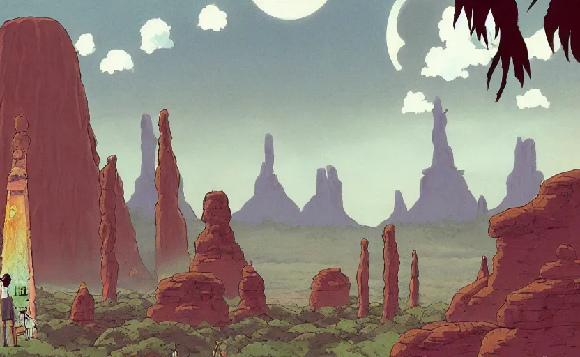 Image similar to a cell - shaded studio ghibli concept art from paprika ( 2 0 0 6 ) of a spaceship from close encounters of the third kind ( 1 9 7 7 ) in a lush temple that looks like monument valley stonehenge jungle. a caravan is in the foreground. very dull colors, portal, hd, 4 k, hq