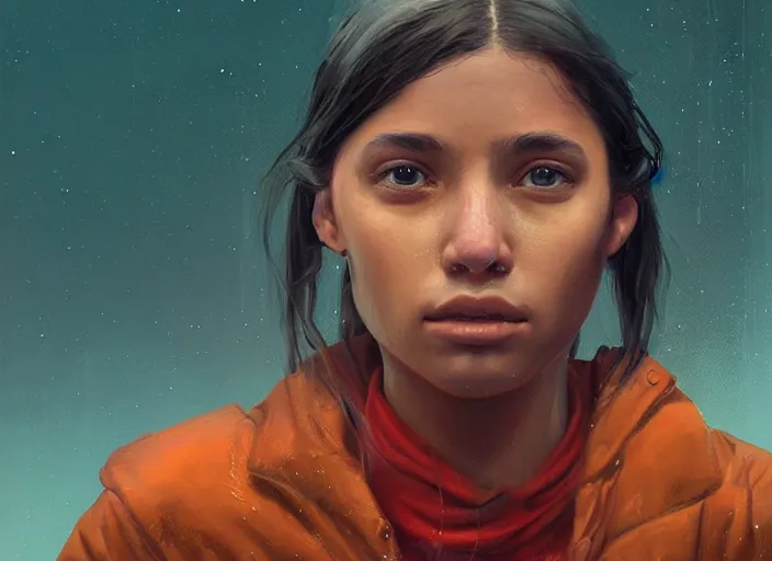 Prompt: a young hispanic woman portrait, photorealistic, highly detailed, art by simon stalenhag and raymond swanlad