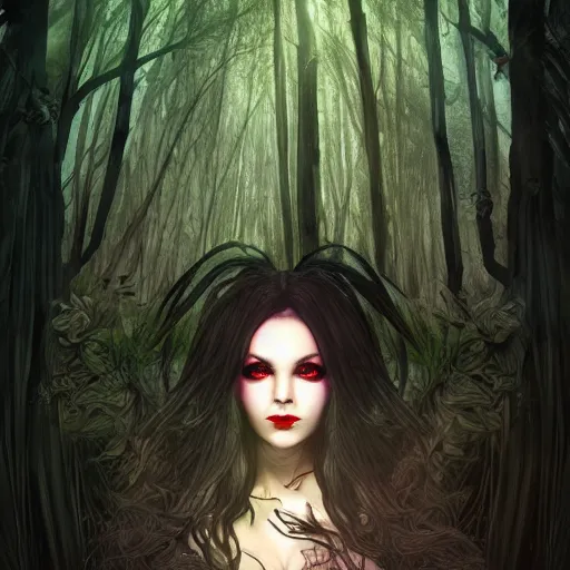 Prompt: head and shoulders portrait of an evil witch in a forest, dark fantasy, mystic, elegant, intricate, face, medium shot, trending on pixiv, volumetric light, by Fernanda Suarez and Alphonse Mucha