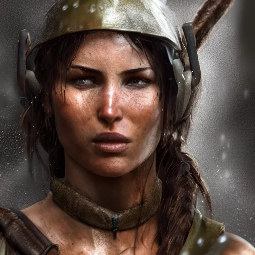 Image similar to Lara croft as blacksmith, wet face , heavy rain ,dramatic, intricate, highly detailed, concept art, smooth, sharp focus, illustration, Unreal Engine 5, 8K