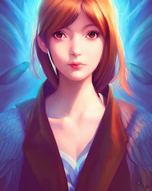 Image similar to 3 / 4 longshot of portrait of anime girl with wings, digital painting, artstation, concept art, smooth, sharp focus, illustration, disney, symmetry face, fine details. art by alex ross, brittney lee