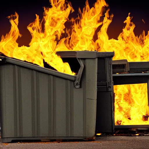 Image similar to cell shaded image of a dumpster on fire with raccoons running away