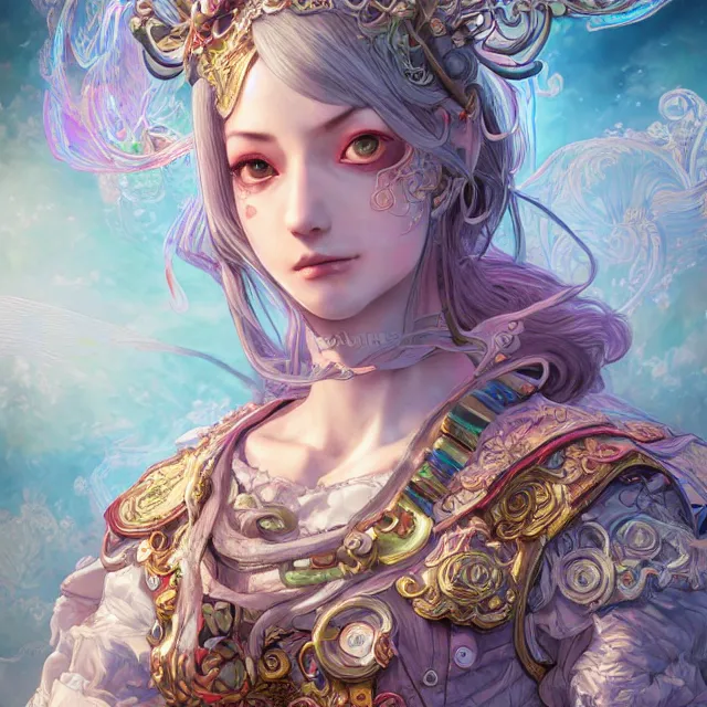 Prompt: studio portrait of neutral good rainbow colorful female cleric bard healer as absurdly beautiful, elegant, young skinny german gravure idol, an ultrafine hyperdetailed illustration by kim jung gi, intricate linework, detailed faces, super sharp focus, bright colors, octopath traveler, final fantasy, unreal engine 5 highly rendered, global illumination, radiant light, detailed and intricate environment