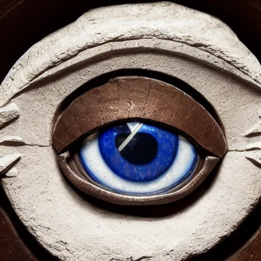 Image similar to medium - shot museum photo of sculpture of a stone eye, thick lapis lazuli, the white limestone sclera, the black stone pupil, studio lighting, professional, promo,