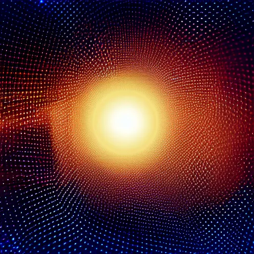 Prompt: a black hole behind a golden wireframe geometric structure, deep blue and dark cyan nebula background, highly detailed artwork