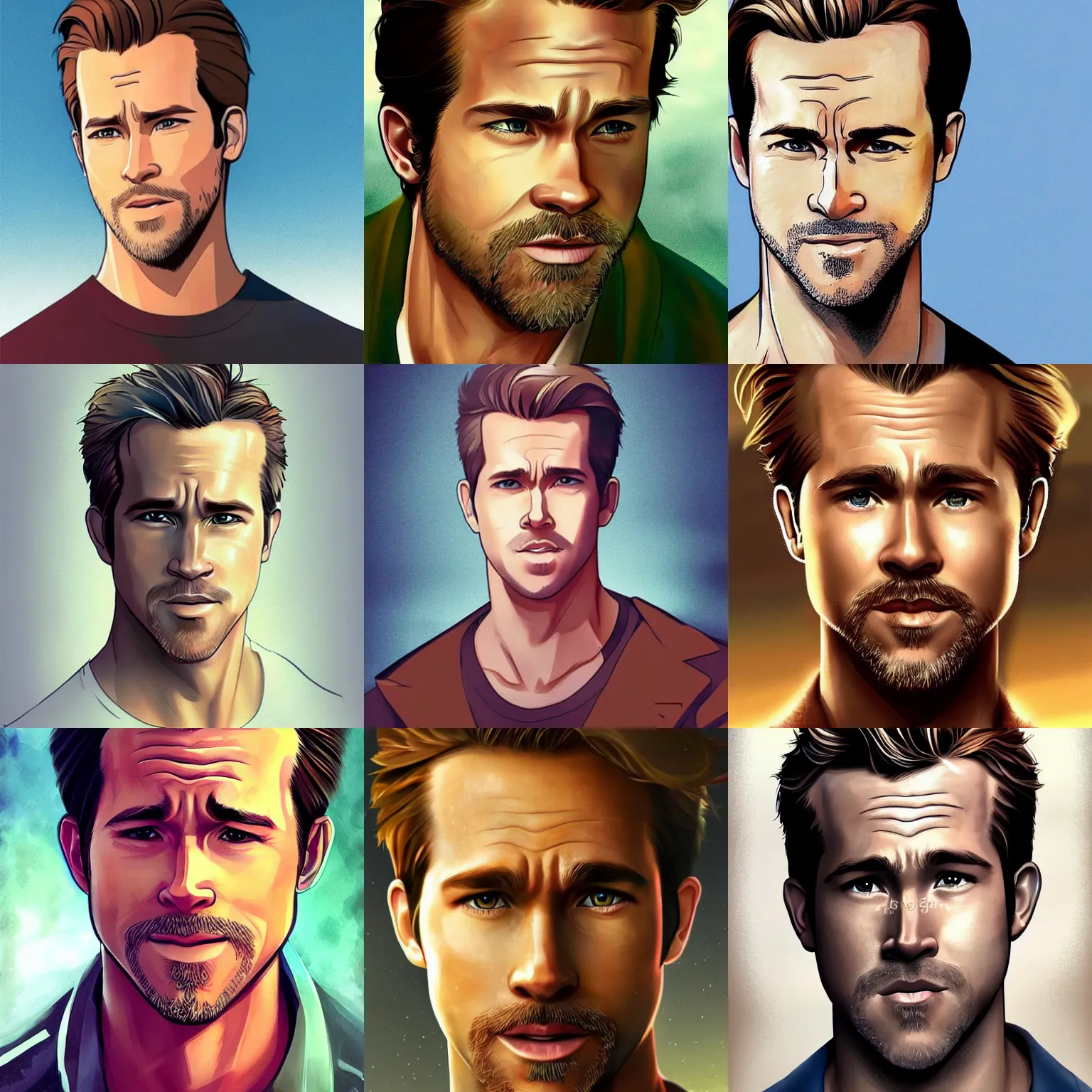 Prompt: Stunning portrait of handsome Ryan Reynolds mixed with Brad Pitt, studio ghibli style, artstation