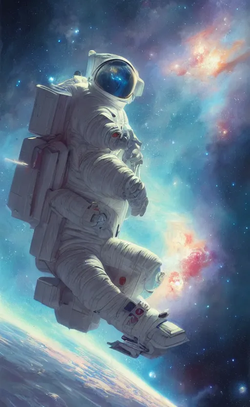 Image similar to a beautiful artwork illustration, astronaut hovering in space galactic nebula, by greg rutkowski and jesper ejsing and raymond swanland, featured on artstation, wide angle, vertical orientation