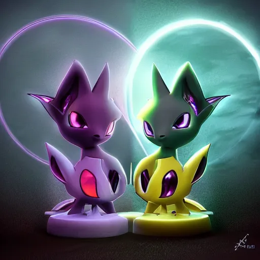 Image similar to fusion of espeon and umbreon, high octane render 3d, beautiful lighting, gentle