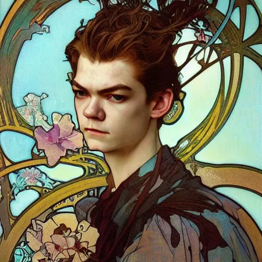 Prompt: realistic detailed face portrait of Thomas sangster by Alphonse Mucha, Ayami Kojima, Amano, Charlie Bowater, Karol Bak, Greg Hildebrandt, Jean Delville, and Mark Brooks, Art Nouveau, Neo-Gothic, gothic, rich deep colors
