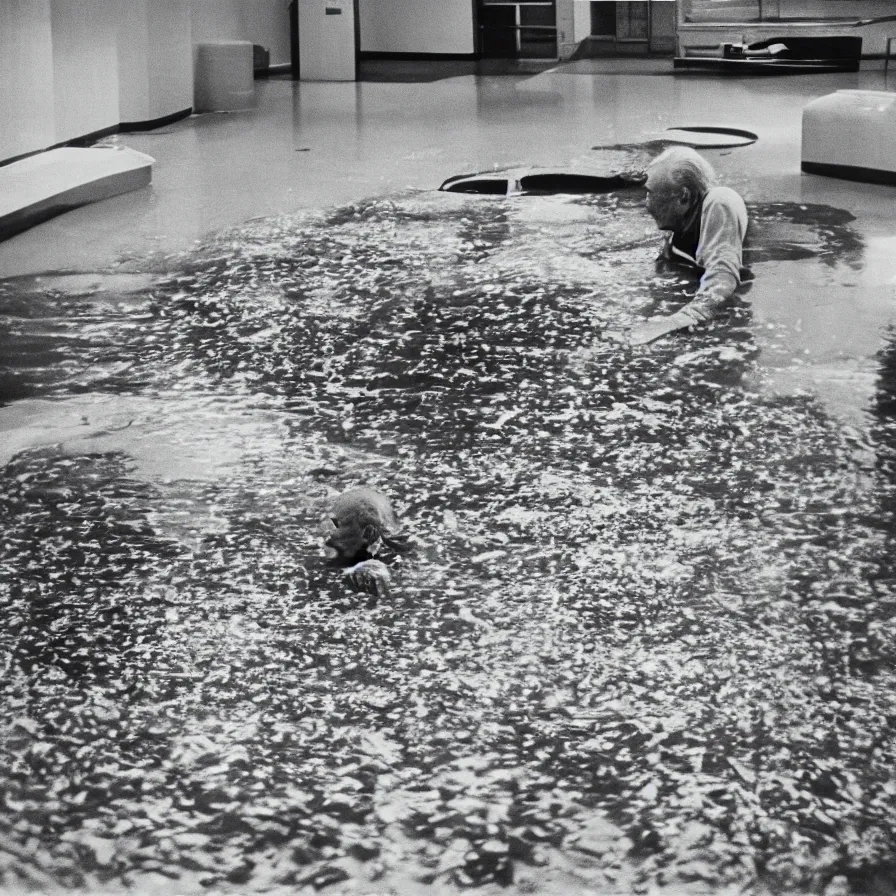 Image similar to 7 0 s movie still of an old man drowning in an empty soviet ballroom flooded with worms, cinestill 8 0 0 t 3 5 mm, heavy grain, high quality, high detail