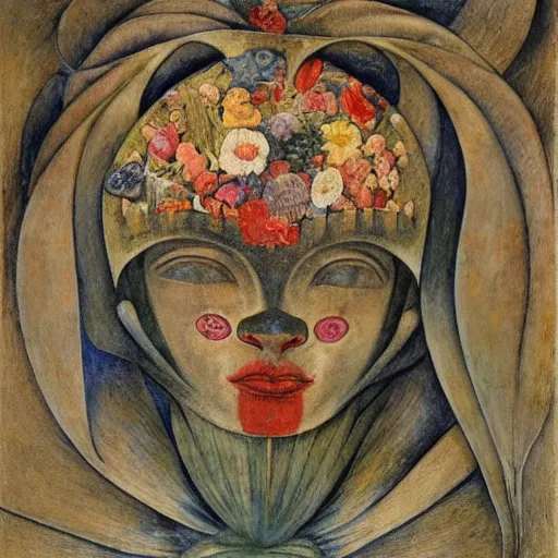 Prompt: closeup of a facemask made of flowers, by annie swynnerton and jean delville and edward hopper and evelyn de morgan and rufino tamayo, dark flower shaman, art brut, outsider art, symbolist, dramatic lighting, god rays, elaborate geometric ornament, clean crisp graphics, smooth sharp focus, extremely detailed, adolf wolfli