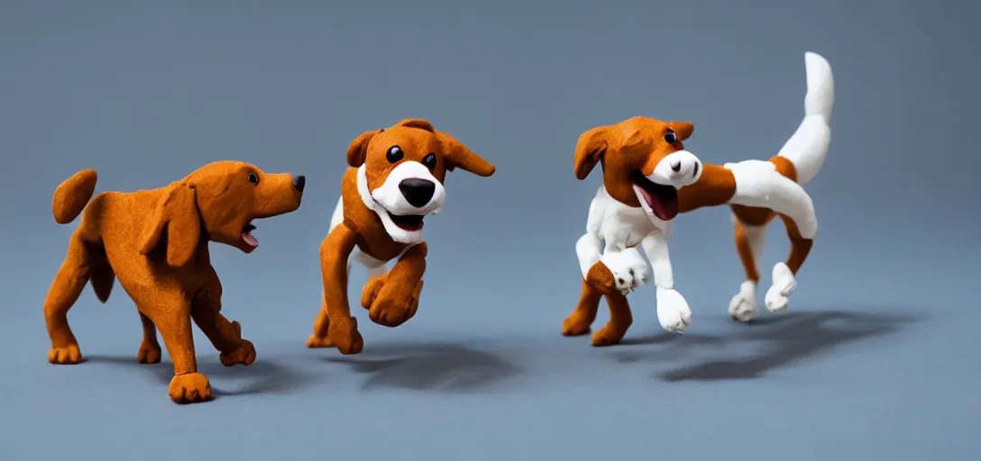 Prompt: dog playing fetch, claymation, stop motion, shallow depth of field