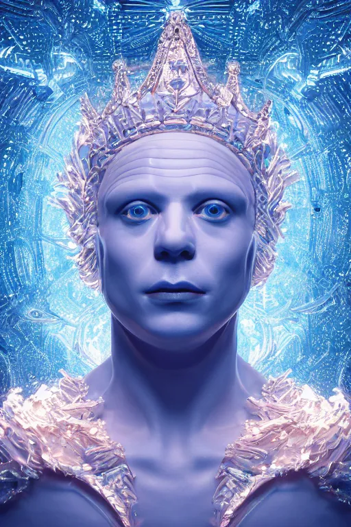 Prompt: hyper detailed ultra sharp portrait of baroque and bladerunner delicate neon diamond sculpture of seductive albino christian santamaria, sarcophagus blue iridescent humanoid deity wearing metallic hoody made out of hands holding the sun prismatic dungeon, glowing blue face, crown of white diamonds, cinematic lighting, photorealistic, octane render 8 k depth of field 3 d