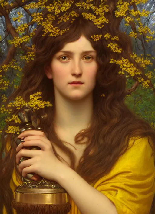 Prompt: intricate oil painting portrait by John William Godward and Anna Dittman depicting a female fantasy cleric in a bright temple surrounded by yellow spring forest and dead trees, evening, atmospheric lighting, intricate detail, cgsociety, hyperrealistic, octane render, RPG portrait, ambient light, dynamic lighting