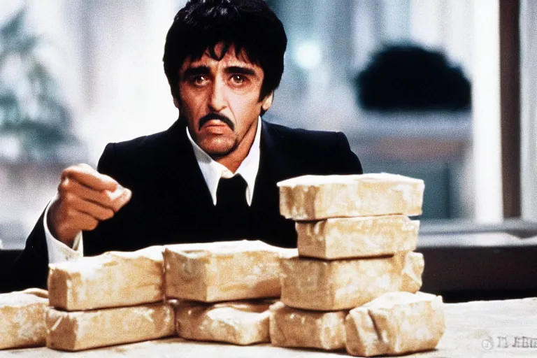 Image similar to tony montana from movie scarface 1 9 8 3 sitting at a table with big packages of flour. next to the night window. al pacino. perfect symmetric face, coherent eyes, medium shot, fine details, 4 k, cinestill, ron cobb