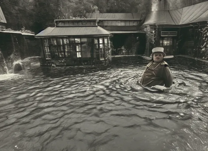 Image similar to grainy security cam footage still of Augustus Gloop in the chocolate river at Willy Wonka's Chocolate Factory, extreme wide angle