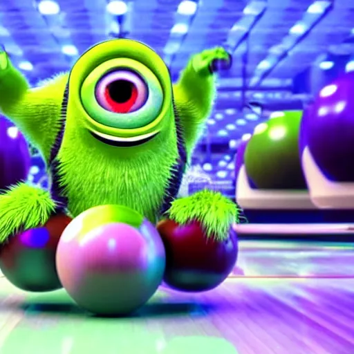 Image similar to Mike wazowski sat in a rack of bowling balls, at the bowling alley, middle lane, Pixar animation, soft lighting, 4k