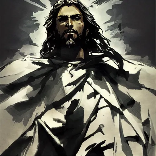 Image similar to jesus in a jojo dramatic pose, illustration by yoji shinkawa and greg rutkowski