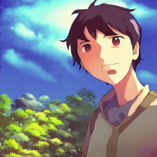Prompt: Guy with slight smile and small creature, dramatic sky behind, blue tones, sun at top left made by Studio Ghibli + Makoto Shinkai, highly detailed art, beautiful scene, sharp focus, smooth, artgerm