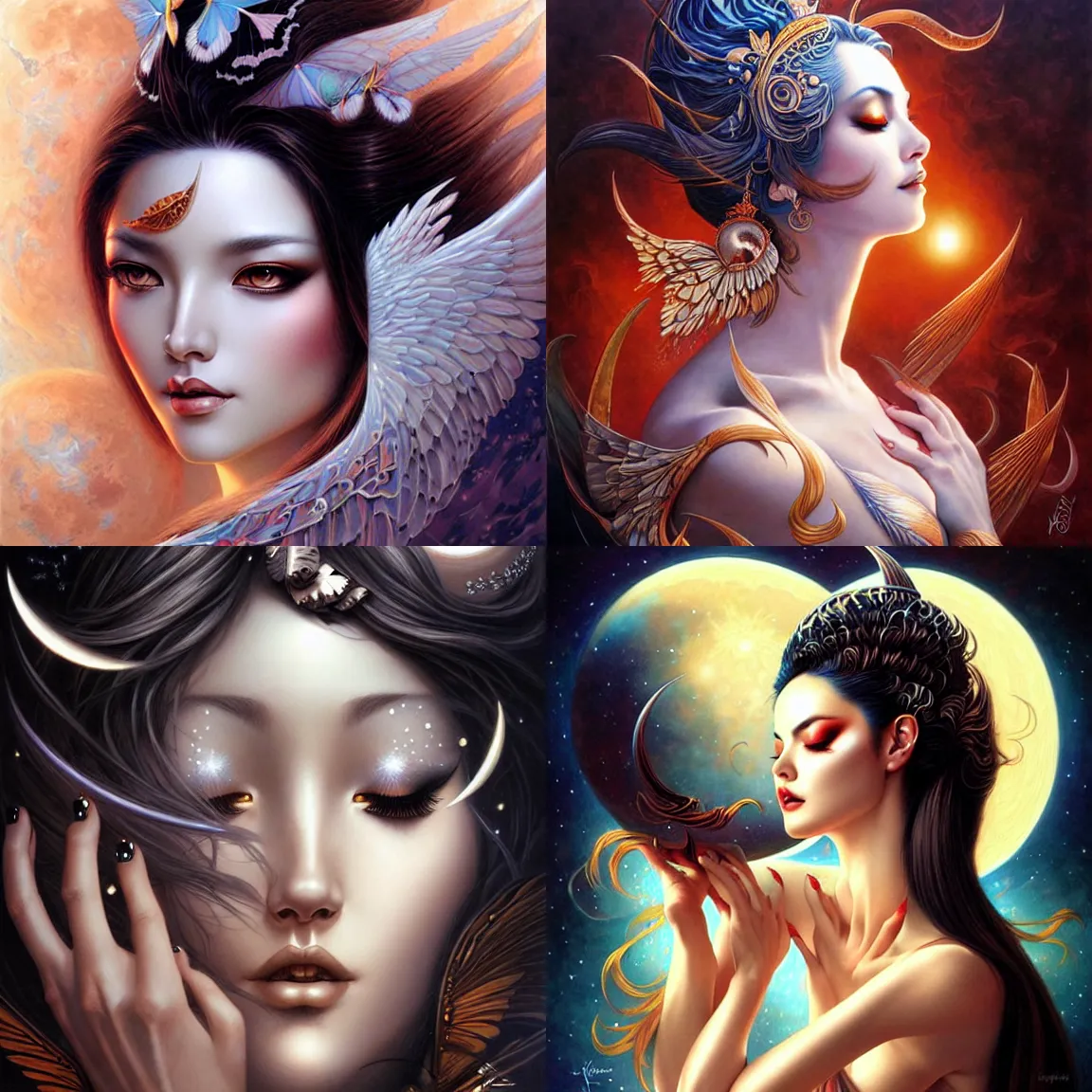 Prompt: moon goddess, drawn by artgerm, digital artwork by karol bak and rhads