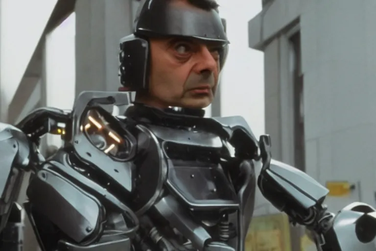 Prompt: VFX movie where Mr. Bean plays Robocop by Paul Verhoeven