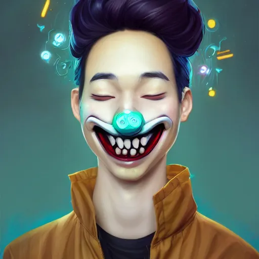 Image similar to a portrait of the smiling happy mask salesman, eyes closed, art by lois van baarle and loish and ross tran and rossdraws and sam yang and samdoesarts and artgerm and saruei and disney, digital art, highly detailed, intricate, sharp focus, trending on artstation hq, deviantart, unreal engine 5, 4 k uhd image