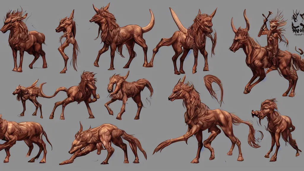 Image similar to a fantasy centaur warlock creature design sheet, trending on artstation