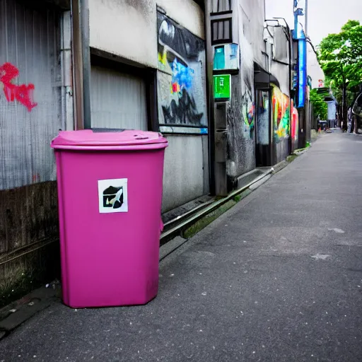 Prompt: A trashcan full of graffiti stands in the middle of an atmospheric Japanese street, a lot of broken computers and televisions
