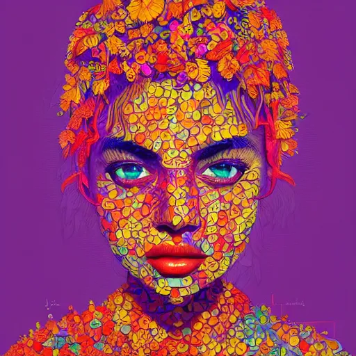 Image similar to the portrait of a beautiful young woman partially made up of peppers of all colors, an ultrafine detailed illustration by james jean, intricate linework, bright colors, final fantasy, behance contest winner, vanitas, angular, altermodern, unreal engine 5 highly rendered, global illumination, radiant light, detailed and intricate environment