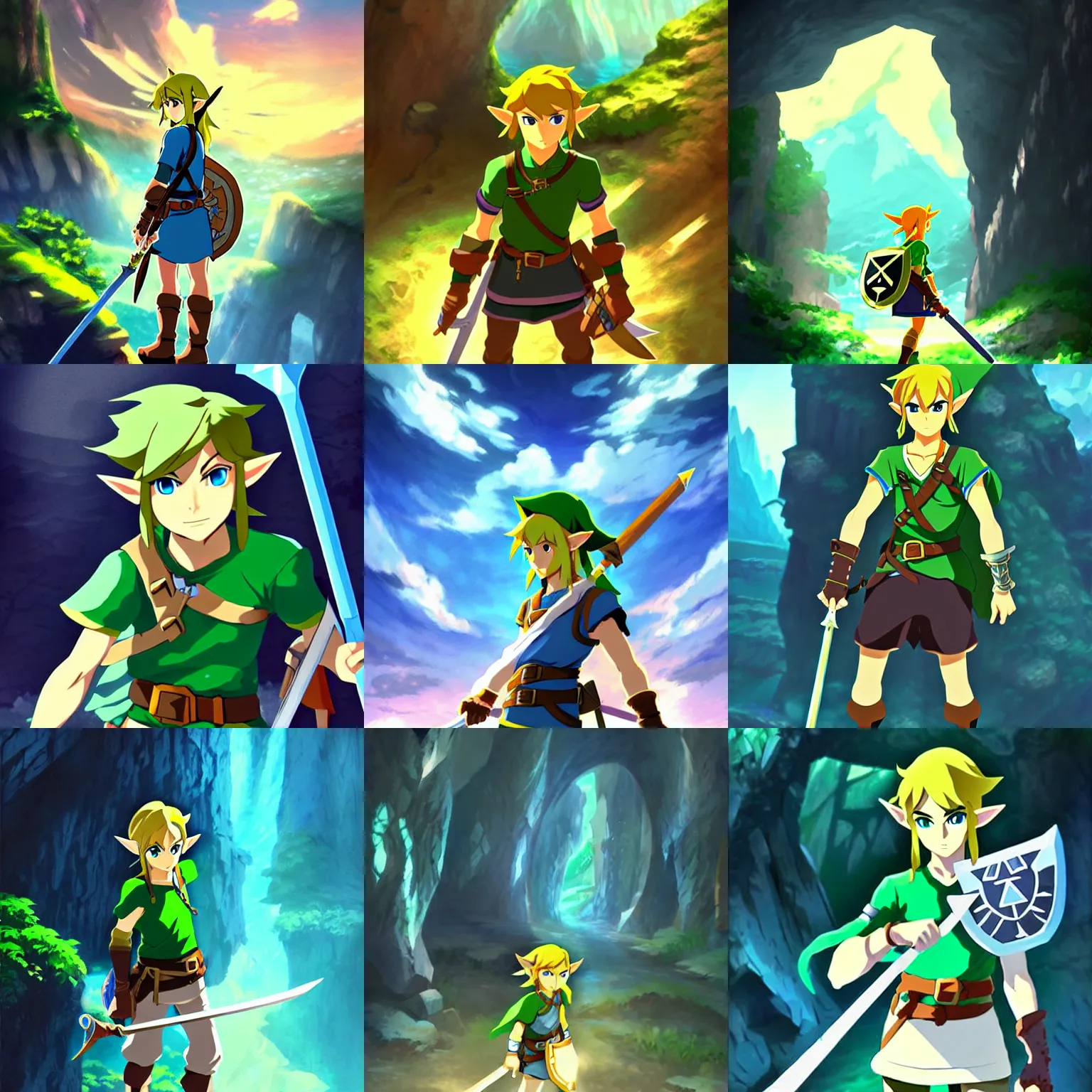 Prompt: link in a cave, legend of zelda, mature, dungeons and dragons, in the anime style of makoto shinkai, key art