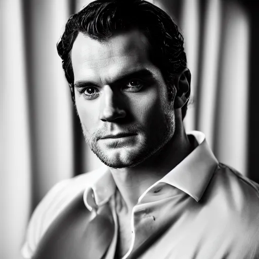 Image similar to a studio portrait of henry cavill as the next james bond, black and white, 5 0 mm 1. 2 lens, low key lighting