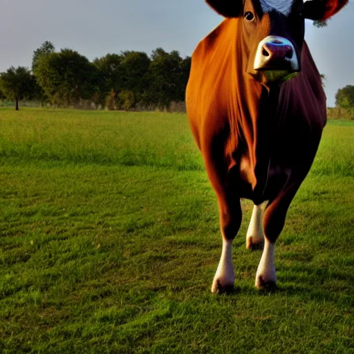 Prompt: photo of a cow in a field golden jour