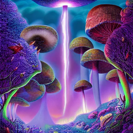 Prompt: lightning mushroom waterfall rave panoramic fantasy rich geometric octane render hyper realism by rob gonsalves, james christensen, alex grey, android jones, lisa frank