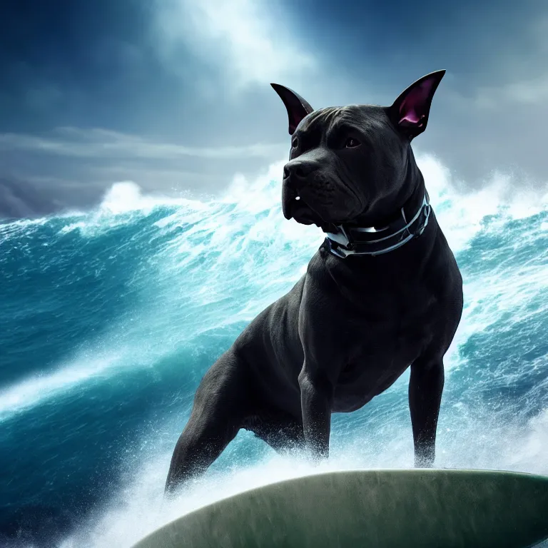 Image similar to photo of a dark charcoal coat pit bull with a white paws, surfing on a surfboard in a crashing wave of alien ocean in space, background is an alien galaxy, matte, aliens in the background, alien colors, octane render, unreal engine, wide view, 8 k, high detaild