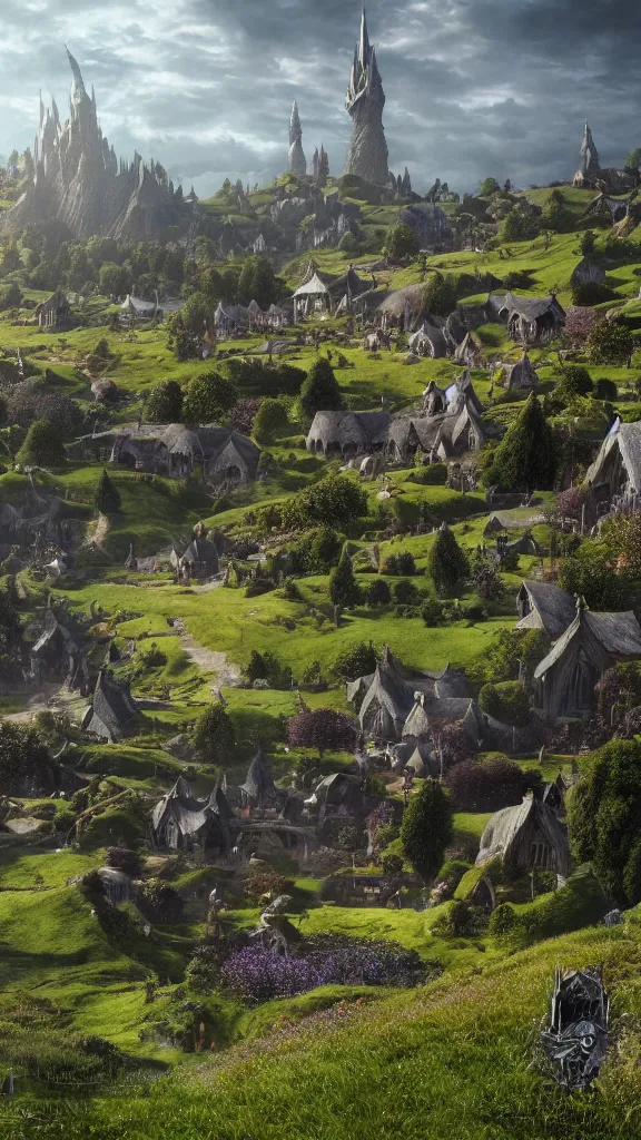 Prompt: a beautiful wide shot of hobbiton, middle earth, alan lee, fromsoftware, elden ring, dark souls, bloodborne, dark fantasy, realistic, highly detailed, 8 k, volumetric lighting, sinister lighting, detailed terrain, concept art, matte painting