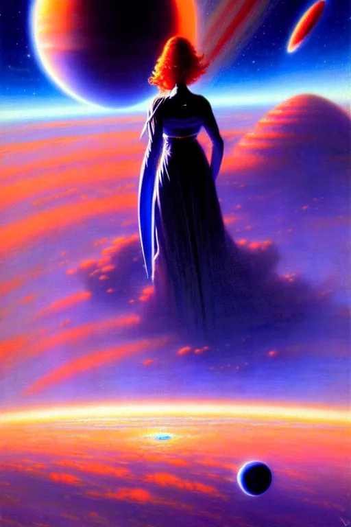 Prompt: a woman in a giant blue techno cloud planet in space, robert mccall, tim hildebrandt, wayne barlowe, bruce pennington, donato giancola, trending on artstation, cinematic composition, beautiful lighting, hyper detailed, 8 k, oil on canvas