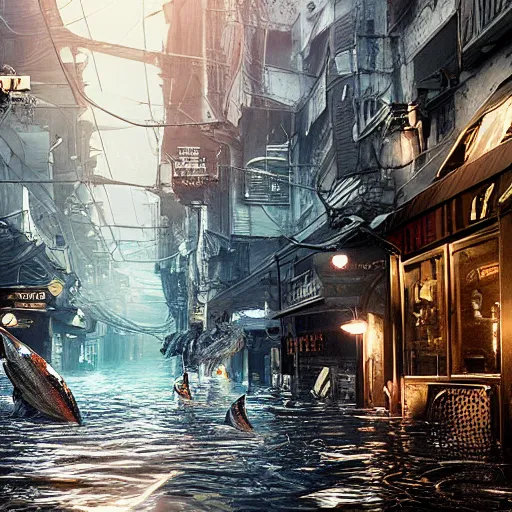 Prompt: A city street under water, horror, liminal, hyper detailed, dramatic lighting, CGsociety, realistic, flood, fish, hyper detailed, insane details, intricate, dramatic lighting, hypermaximalist, golden ratio, rule of thirds, octane render, weta digital, micro details, ultra wide angle, Artstation trending, 8k,