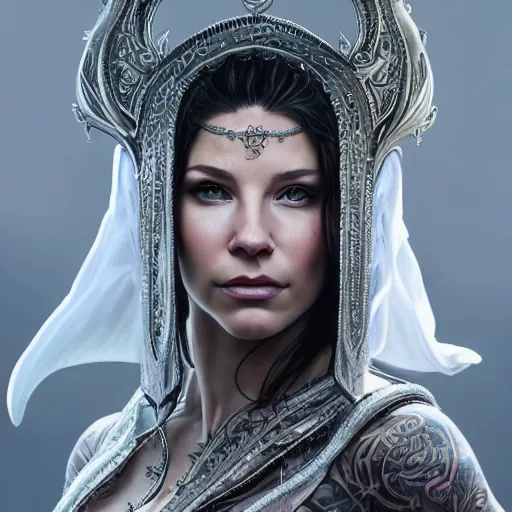 Prompt: an attractive young tattooed female with piercings wearing an white ornate metallic helmet, evangeline lilly, olive skin, long dark hair, beautiful bone structure, intricate, elegant, highly detailed, digital painting, artstation, concept art, smooth, sharp focus, illustration, art by artgerm and greg rutkowski and alphonse mucha