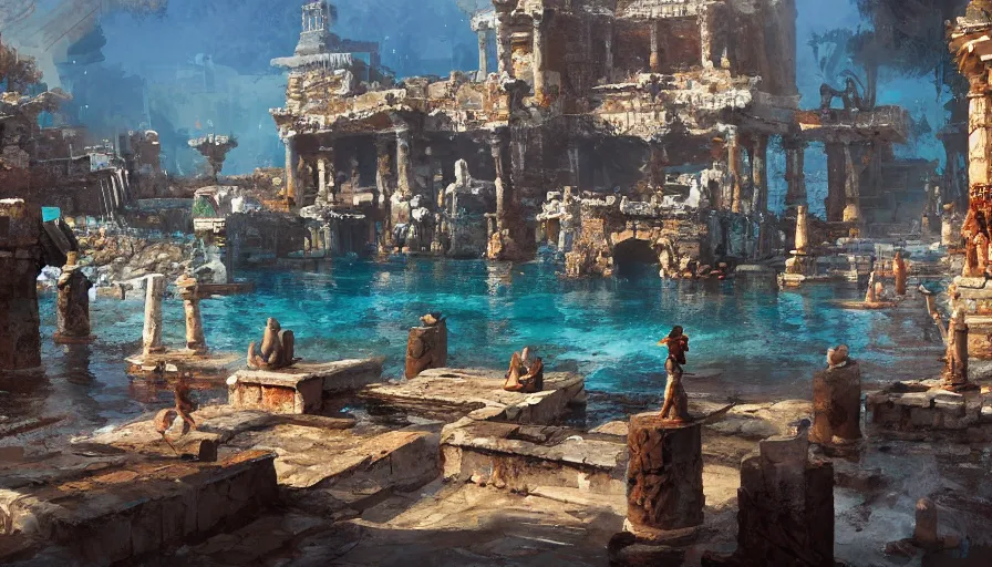 Prompt: Aquatic ancient city, greek style paint by Craig Mullins, hyperdetailed, artstation, cgsociety, 8k