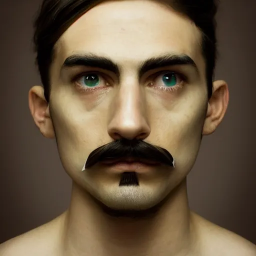 Image similar to young man, long hair, short facial hair, no mustache, dark green eyes, dark eyebrows, light widows peak light facial hair, in the style of mauritz cornelis escher, 8 k, raw, unedited, symmetrical balance, in - frame