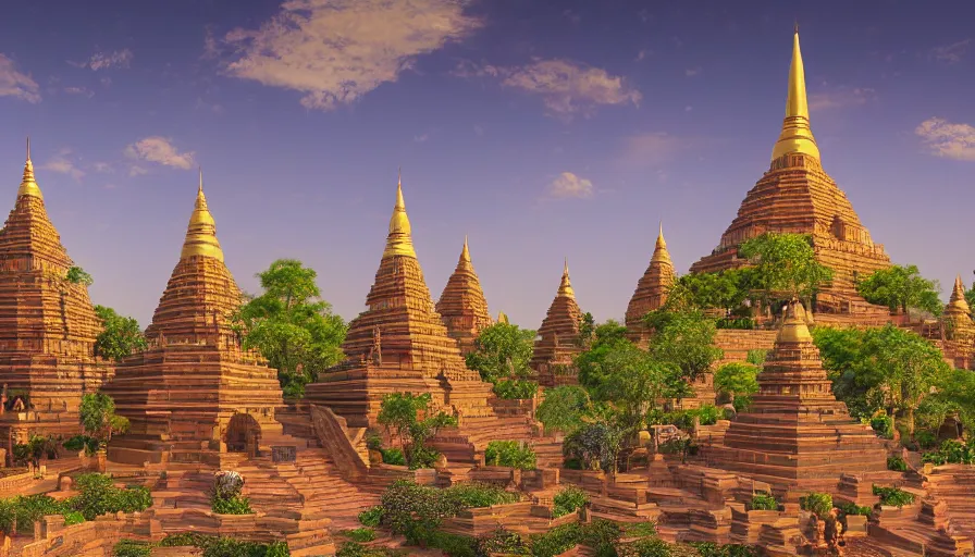 Image similar to matte painting of a beautiful mon - dvaravati village buddhist temple and stupa made by brick, crowded village, digital art, trending on artstation